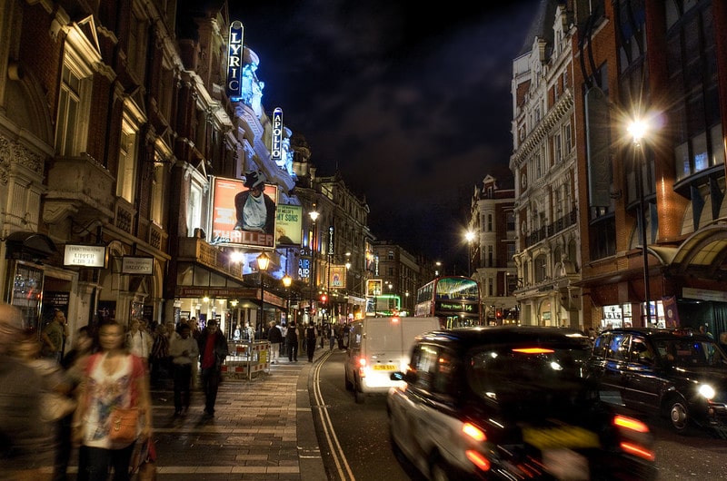 The west end at night. Catching a theatre show here is one of the best things to do in London. 