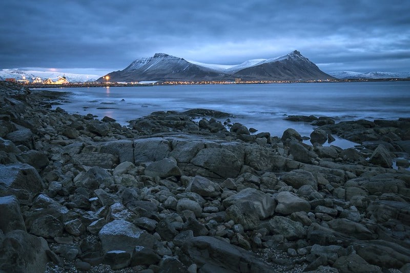 The fishing village of Akranes is one of the best places to see the Northern Lights in Iceland.