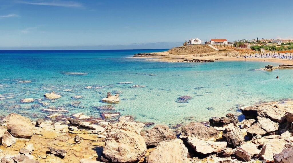 Cyprus is one of the warmest countries in Europe in February. This picture shows a beach in Cyprus.