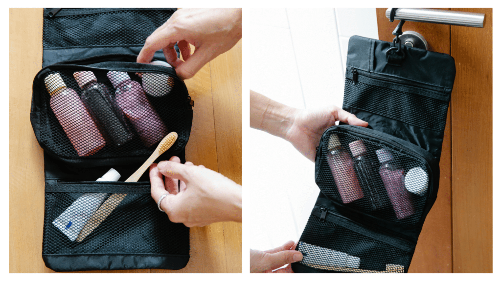 Two shots of anonymous hands adjusting a hanging toiletry bag, one of the most important travel essentials for hostel hopping.