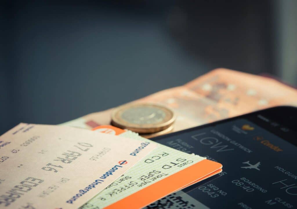 Orange and green label airplane ticket.