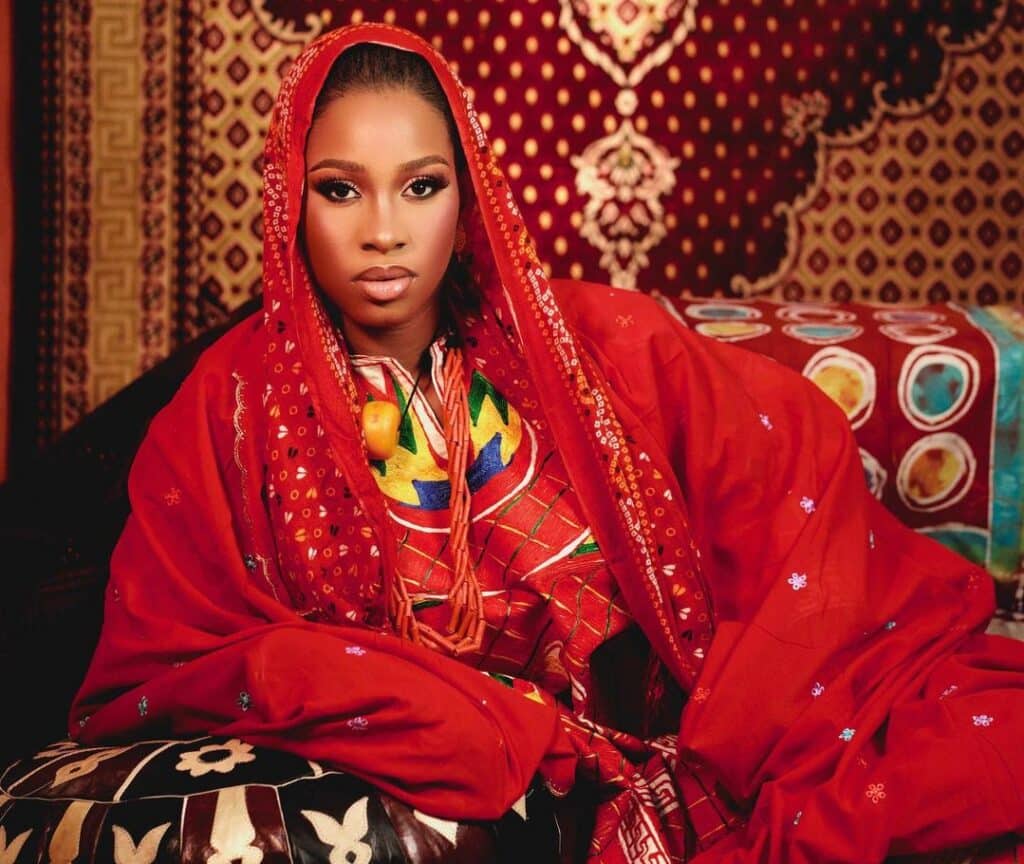 A Kanuri lady dressed in a vibrant red traditional outfit. The dress appears to be made of a soft and flowing fabric, with intricate designs and patterns adorning the edges.