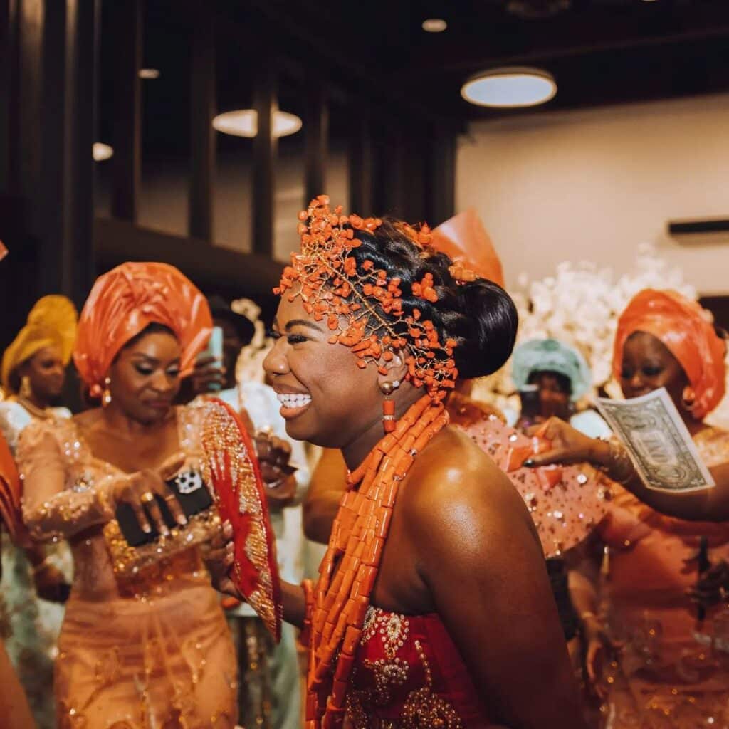 A bride adorned in the traditional Urhobo attire, Urhobo is a language in Nigeria heard mainly in the south but famous to that region. If you ask how many languages are in Nigeria to someone from the north, they might need to learn about the Urhobo language.